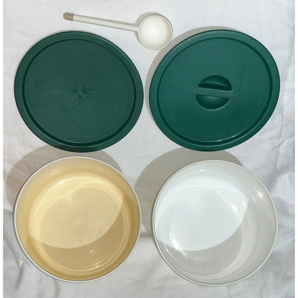 Vintage Tupperware Canister Set Cream Hunter Green Round 2 Bases 2 Lids Scoop‎